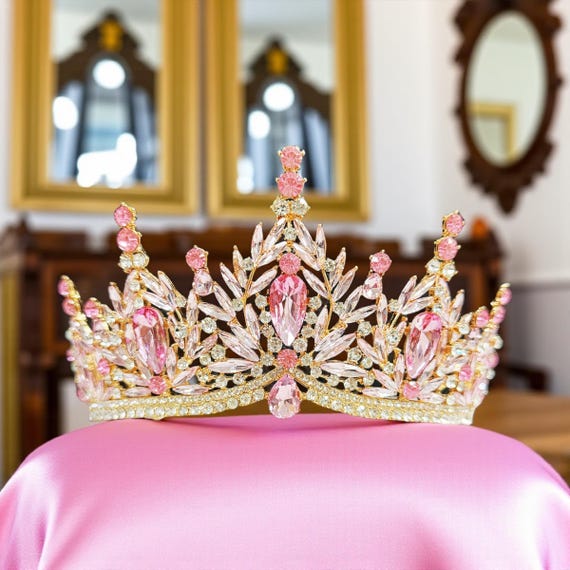 Pink Gemstone Filigree Tiara Crown for Women Pink Crown, Victorian Tiara, Pink Crystal Crown, Bridal  main image 3