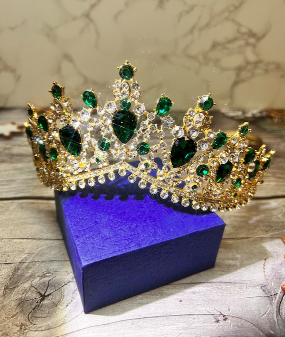 Bridal Green Crystal Tiara, Luxury Gold Wedding Crown - Etsy  display picture 1