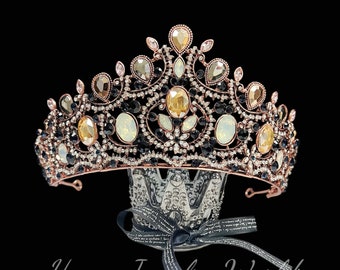 Vintage Gemstone Crown, Baroque Crystal crown, Gothic Queen Tiara, Halloween Hair Accessory, Fashion Jewelry Headband, Day of Dead Headpiece