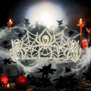Halloween crown, Spider woman costume, silver crown, Cosplay crown, clear crystal spider crown, Evil queen crown, Gothic wedding crown