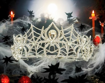 Spider Halloween Crown, Silver Rhinestone Gothic Tiara, Costume Headpiece, Evil Queen Crown, Witch Headband, Cosplay, Festival, Stage Prop