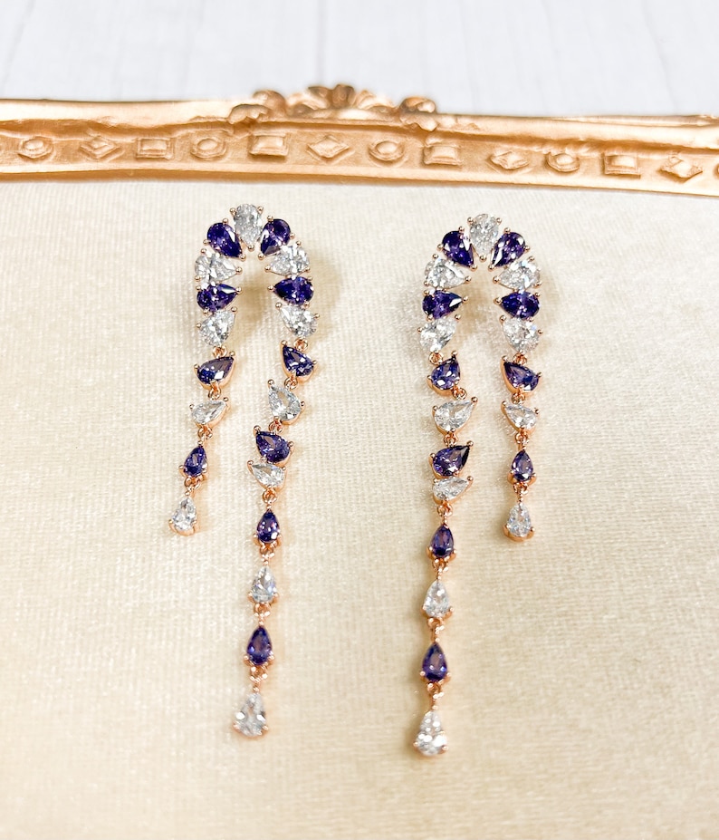 Amethyst Long Earrings, Dangle Drop Earrings, Amethyst Crystal Long Earrings, Purple Chandelier Bridal Earrings, Bridesmaid Fashion Jewelry image 2