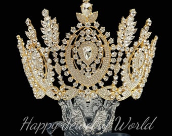 Luxury Pageant Crown, Miss Universe Crown, Prom headpiece, Gold Wedding Crown, Bridal Tiara, Princess Crown, Wedding Hair Accessory, Size XL