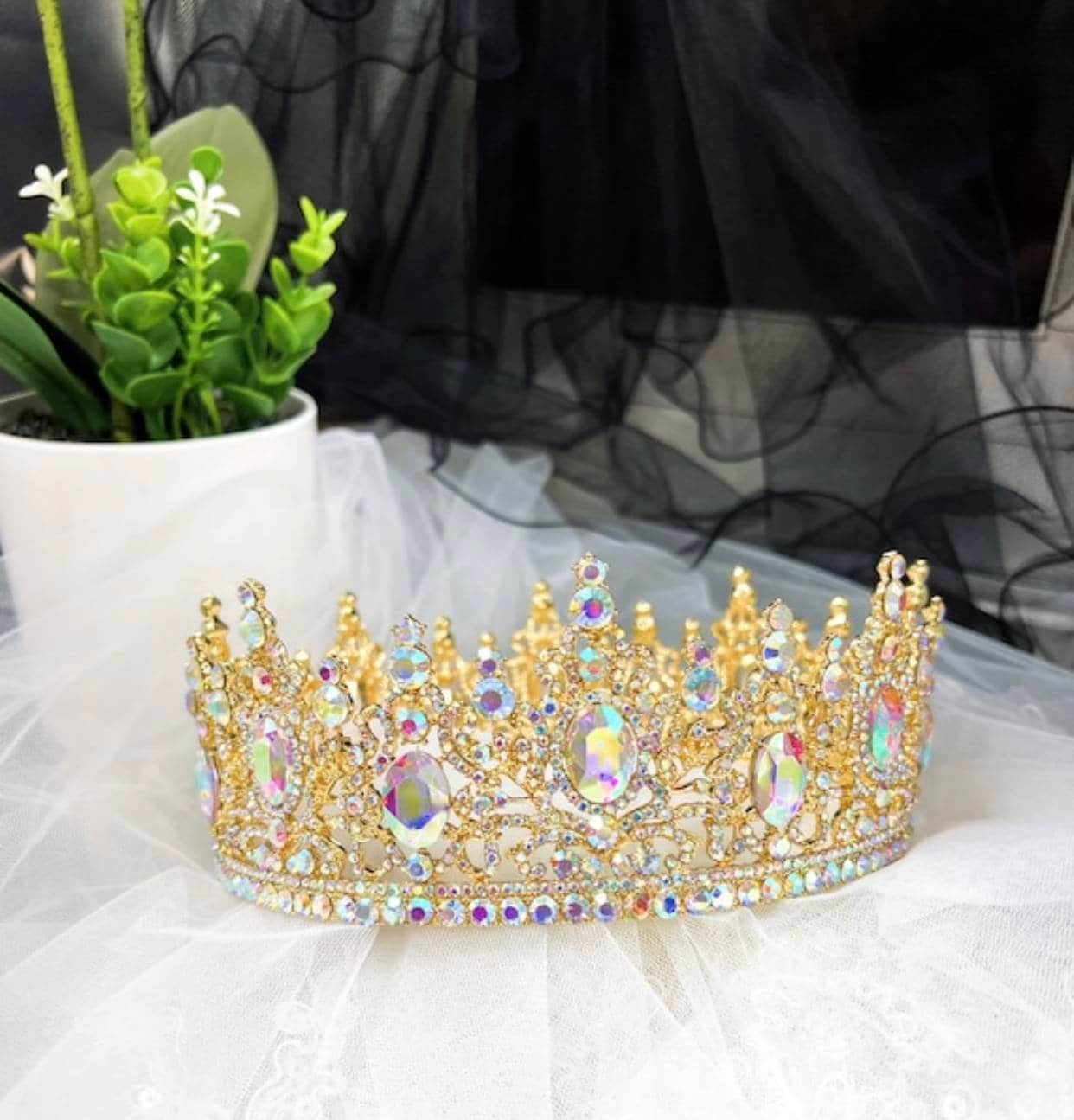 Gold Royal Queen Crown: AB Crystal Rhinestone Wedding 