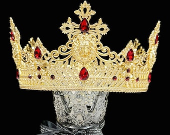 Gold King Lion Crown, Prince Wedding Headpiece, Red Crystal Crown for Groom, Masquerade Ball Crown, Homecoming King Crown, Birthday Crown