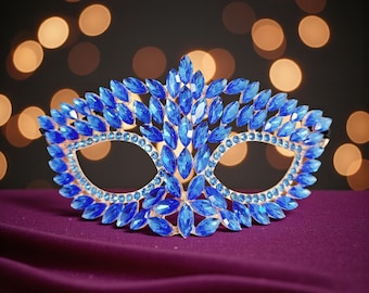 Gold masquerade mask, Blue Crystal Mask, Wedding party mask, Masquerade ball mask, Venetian masquerade mask, Cosplay costume accessory