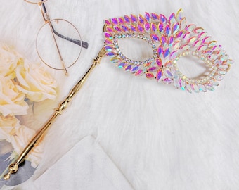 Iridescent Crystal Masquerade Mask with Gold Stick, Venetian Handheld Mask for Prom and Mardi Gras