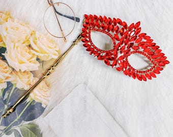 Ruby Red Crystal Masquerade Mask with Gold Stick, Rhinestone Venetian Handheld Mask for Prom, Mardi Gras and Costume Ball