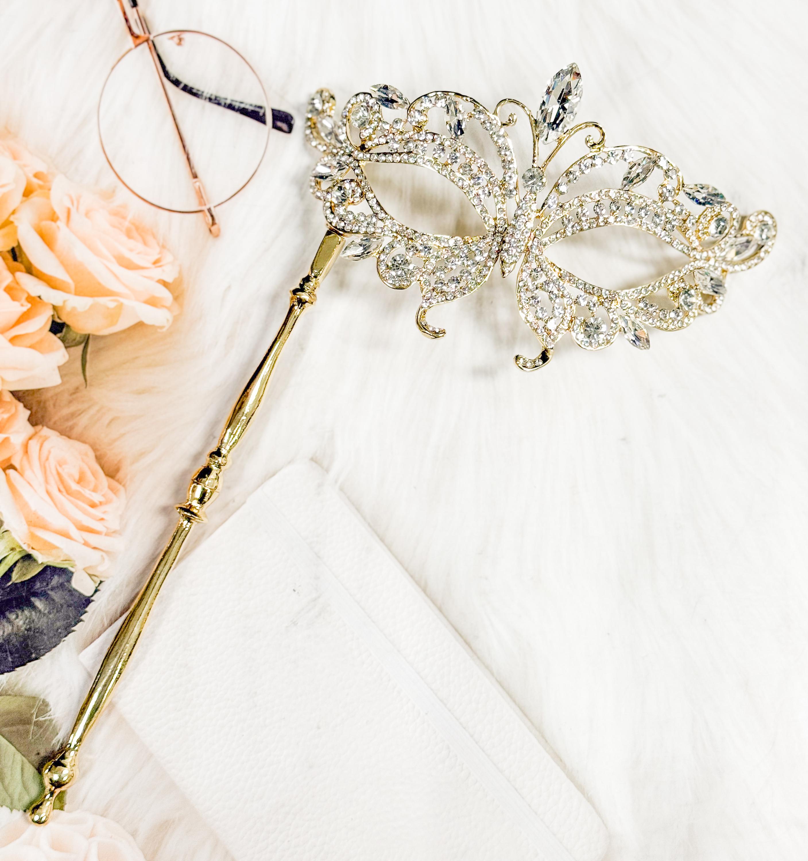 Crystal Masquerade Mask With Stick, Met Gala Gold Stick Mask 