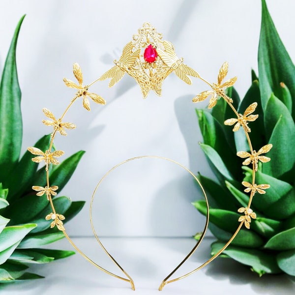 Gold Dragonfly Crystal Halo Crown: Bridal Headpiece