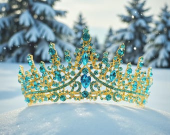 Ocean Blue Rhinestone Tiara, Queen Bridal Crown, Gold Tiara  display picture 1