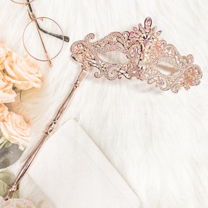 Masquerade Mask with Stick, Luxury Crystal Mask, Rhinestone Rose Gold Mask, Elegant Party Mask, Masquerade Wedding, Prom Mask, Cosplay Mask