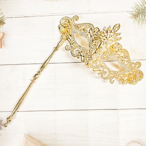 Clear Crystal Masquerade Mask with Stick, Gold Masquerade Mask, Venetian Masquerade Mask, Theatrical Mask, Wedding Party Mask, Prom Eye Mask