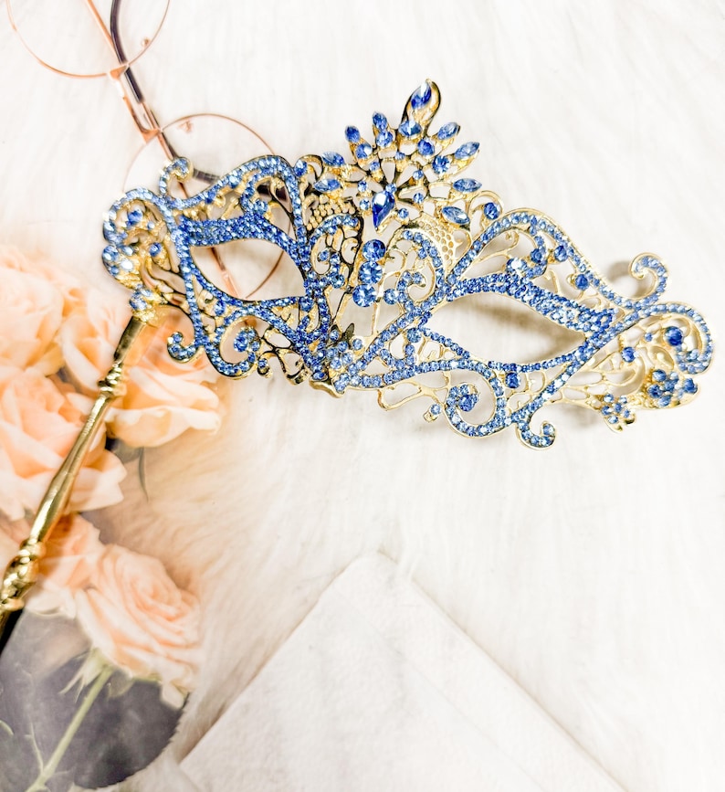 Blue Crystal Masquerade Mask With Gold Stick: Venetian Party Mask - Etsy