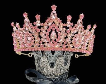 Rose Quartz Crystal Queen Crown, Gold Princess Tiara, Wedding Jewelry, Gemstone Tiara, Crown for Bride, Birthday Headband, Gift for Her
