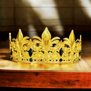 Gold Prinzen Krone: Schwarze Stein Fleur de Lis Renaissance Haarschmuck