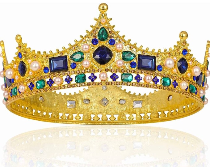 New Gold Royal King Crowns for Men, Full Round Mens and Crowns Wedding Party Costume Hair