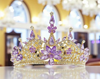 Lavender Crystal Flower Crown, Gold Princess Tiara for 