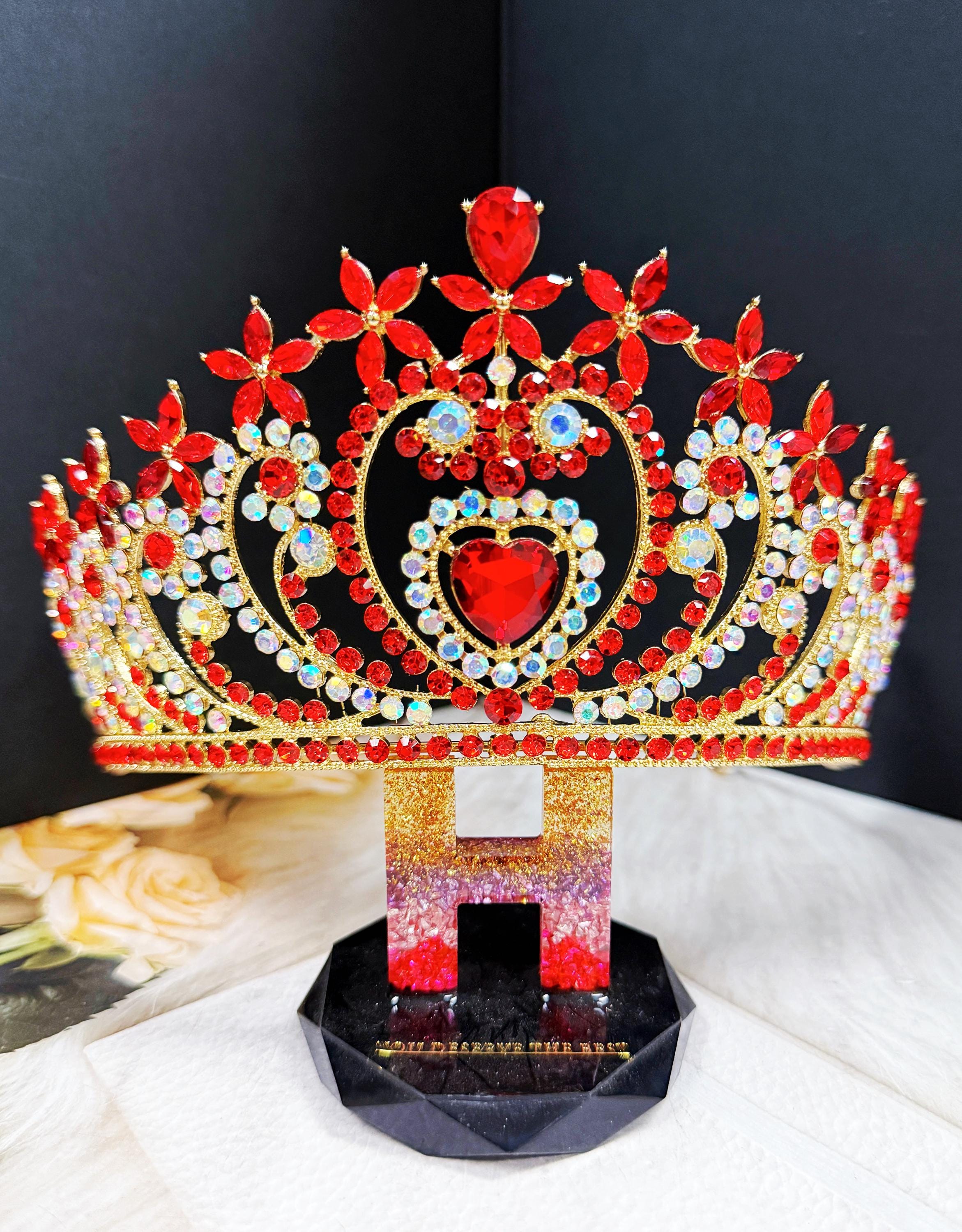 Crystal Heart Tiara: Gold Bridal Headband, Red Stone  display picture 3