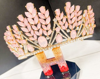 Pink Crystal Wedding Tiara: Gold Goddess Crown, Bridesmaid  display picture 2