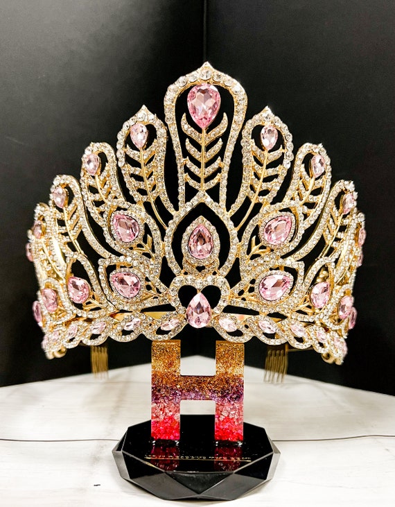 Princess gold crown, Pink Crystal Crown, Peacock Tail Shape, Stunning Headpiece Princess gold crown, Pink Crystal Crown, Peacock Tail Shape  main image 4