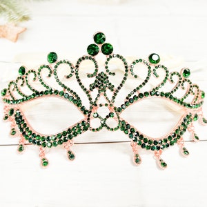 Crystal Masquerade Mask: Green Rhinestone Rose Gold Party Mask