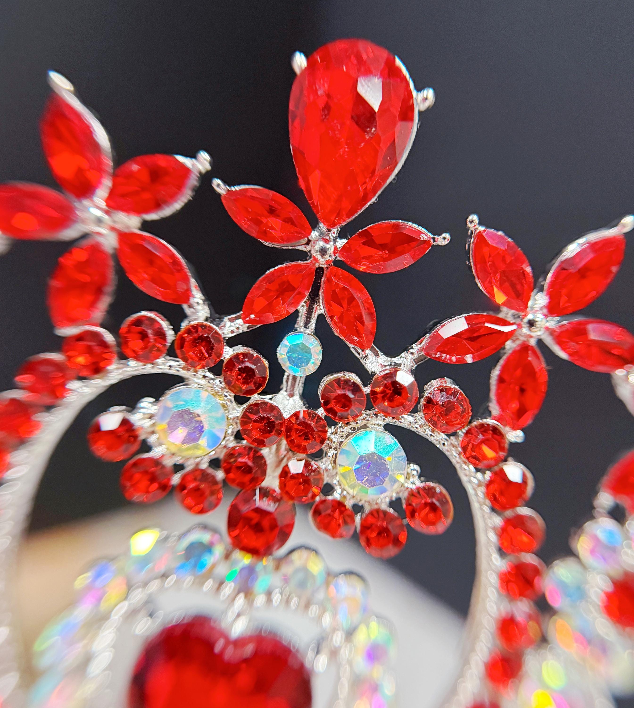 Crystal Heart Tiara: Silver Bridal Headband With Red Stone  display picture 2