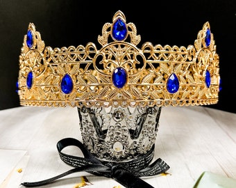Royal King Crown: Blue Crystal Gold Headpiece, Costume Hair Accessory