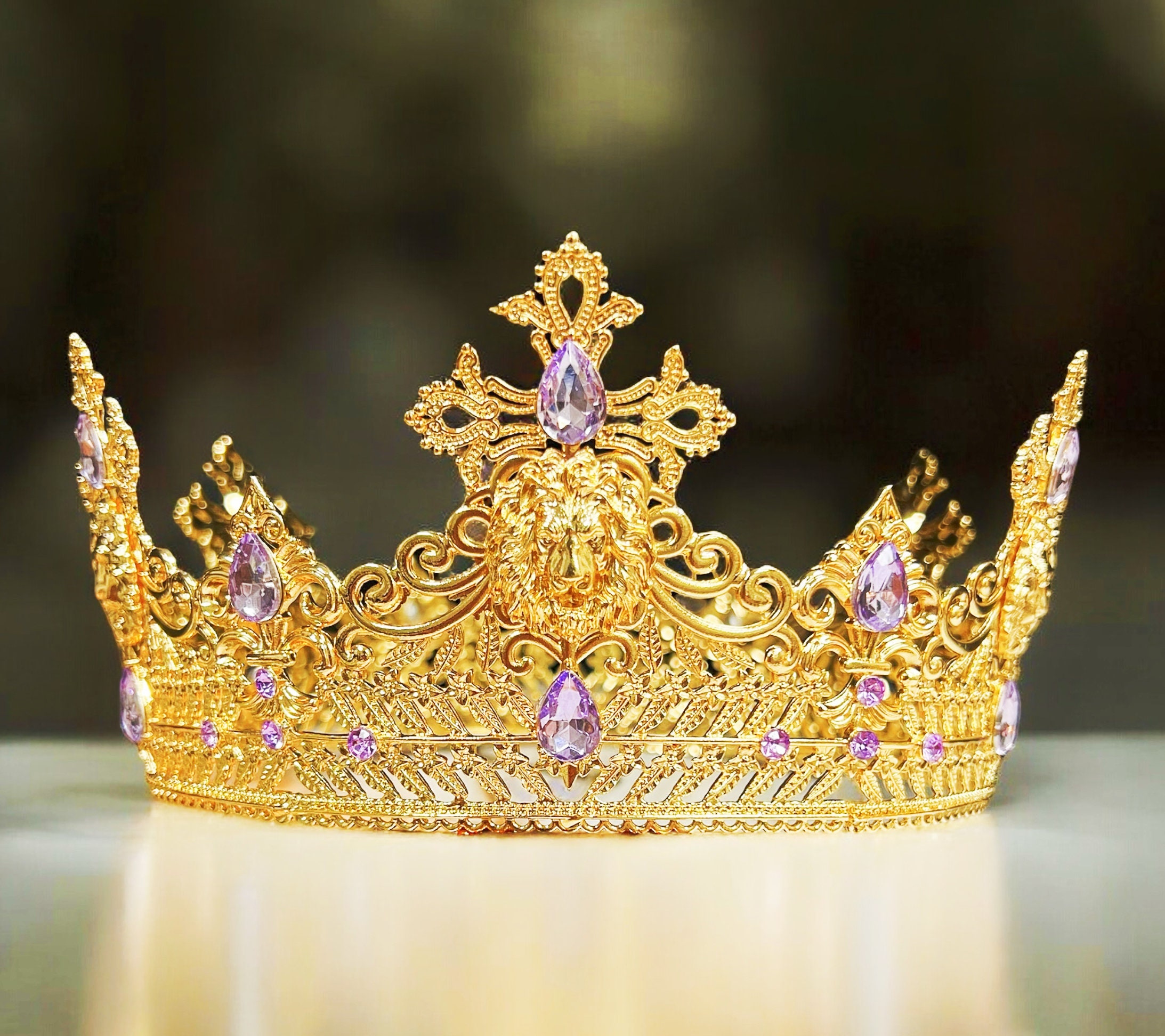 Prince Wedding Headpiece, Lavender Crystal Crown, Vintage Gold Wedding Crown Prince Wedding Headpiece, Lavender Crystal Crown for Groom  main image 2