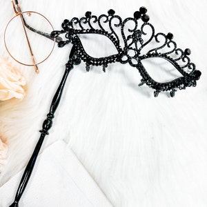 Black Crystal Masquerade Mask with Stick: Prom Ball Mask