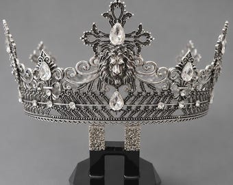 Men’s Silver Wedding Crown, Lion King Crown for Groom, Royal Crystal Crown, Vintage Medieval Headpiece, Regal Wedding Accessory