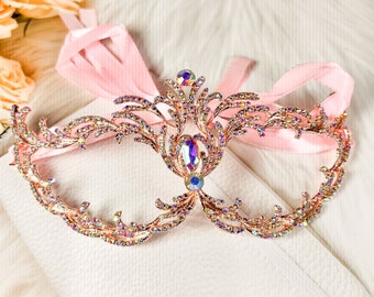 Máscara de mascarada para mujer, máscara de oro rosa, máscara de cristal AB, máscara de mascarada veneciana, máscara de graduación, máscara de baile de máscaras, boda, máscara de Año Nuevo