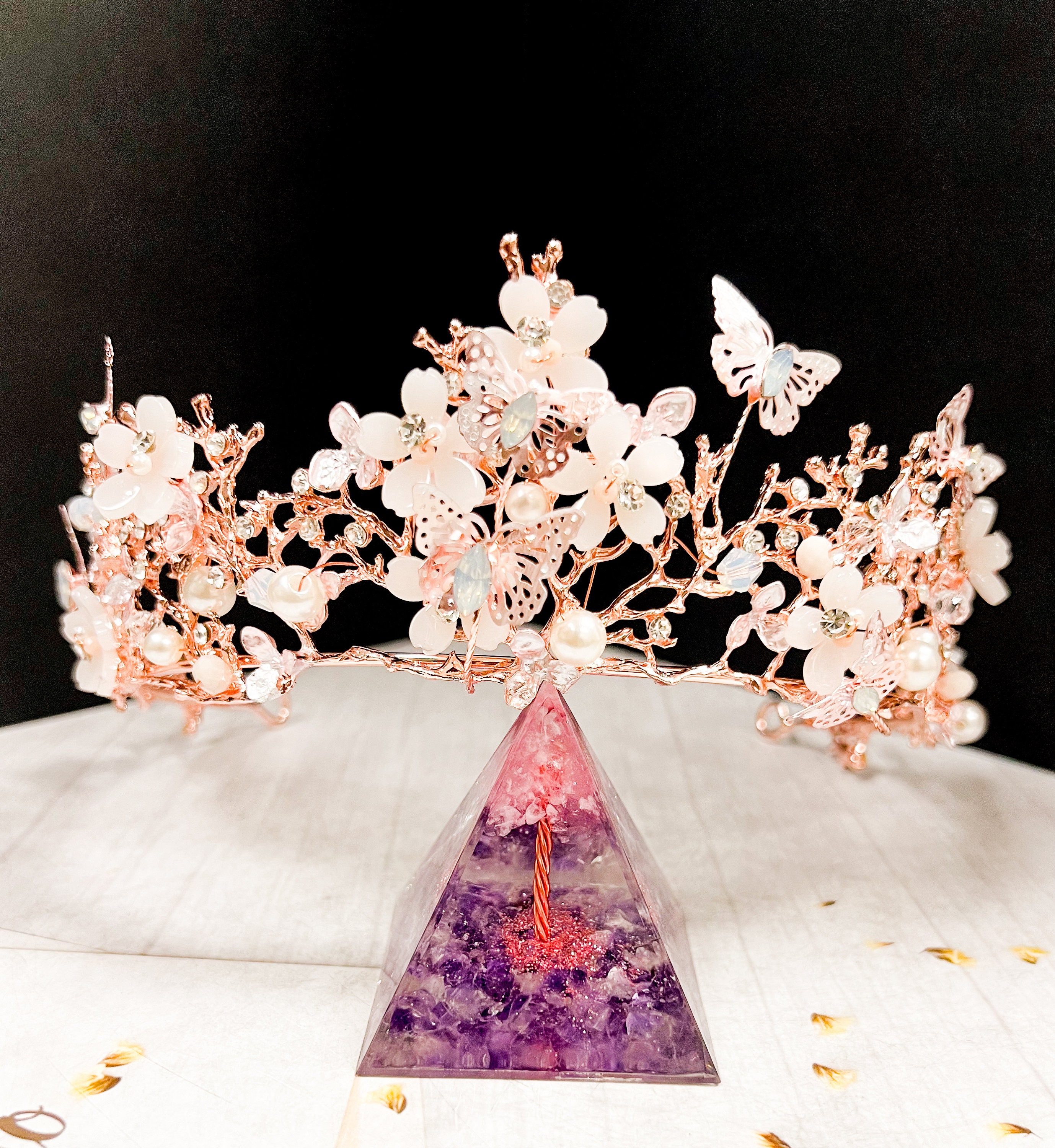 Rose Gold Tiara With Butterfly, Gold Pearl Crown, Wedding 
