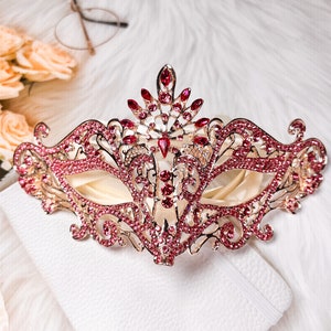 Máscara de baile de máscaras de luxo, cristal rosa, máscara de olho de strass, máscara de festa elegante, presente de aniversário, ano novo, teatral, carnaval, casamento, baile de formatura