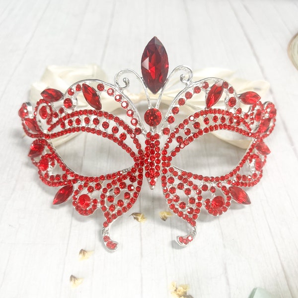 Butterfly Red Masquerade Mask, Wedding Party Silver Eye Mask, Cosplay, Costume, Masquerade Ball, Party, Mardi Gras, Prom, Fashion Jewelry