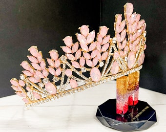 Pink Crystal Wedding Tiara: Gold Goddess Crown, Bridesmaid  display picture 3
