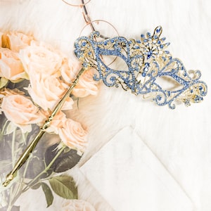 Blue Crystal Masquerade Mask with Gold Stick: Venetian Party Mask