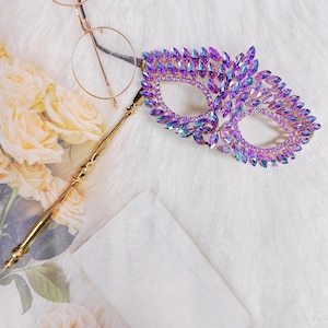 Crystal Mask on Stick, Gold masquerade mask, Purple Crystal Mask, Masquerade Wedding mask, Masquerade ball mask, Venetian masquerade mask