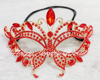 Red Butterfly Crystal Masquerade Mask, Gold Rhinestone Venetian Eye Mask for Prom, Mardi Gras and Costume Ball