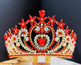 Crystal Heart Tiara: Gold Bridal Headband, Red Stone 