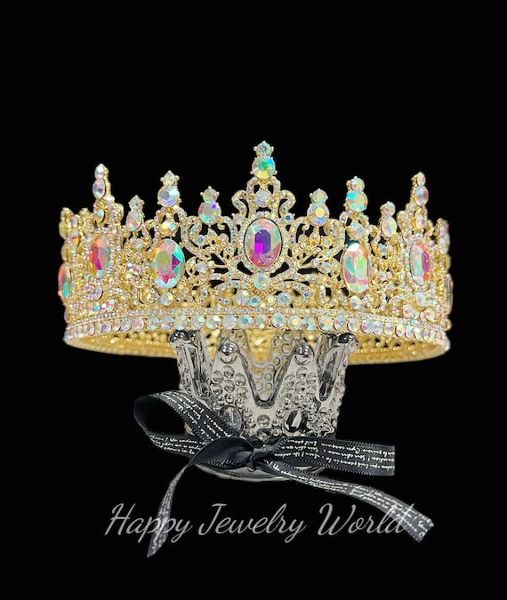 AB Crystal Gold Crystal Tiara Crown - Iridescent Gem Rhinestone Headpiece Gold Royal Queen Crown: AB Crystal Rhinestone Wedding  main image 2
