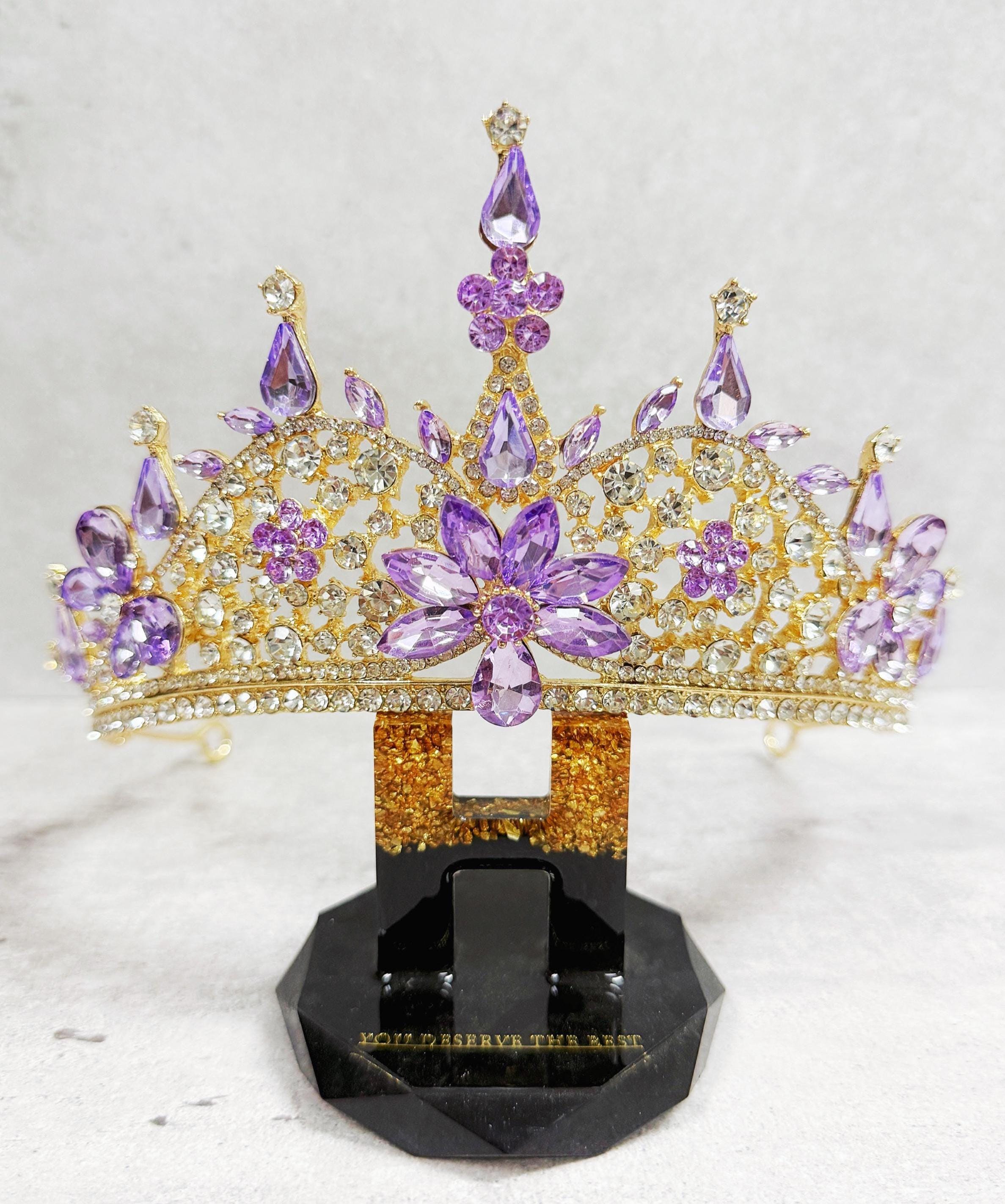 Lavender Crystal Crown, Gold birthday Crown, Homecoming Tiara, Royal Queen Crown Lavender Crystal Flower Crown, Gold Princess Tiara for  main image 4