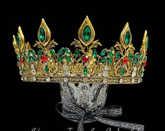 Vintage King Crown, Royal Prince Diadem, Green Crystal Medieval Men's Crown, Regal Gold Crown, Halloween Costume Headpiece, Gift for Him