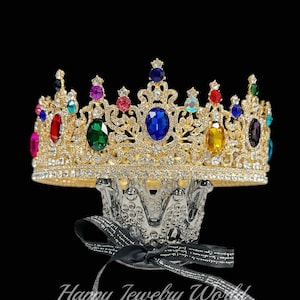 Rainbow Rhinestone Crown, Queen Crown, Rhinestone Gold Crown, Ren Faire Crown, Birthday Crown, Baroque Crown, Princess Crown