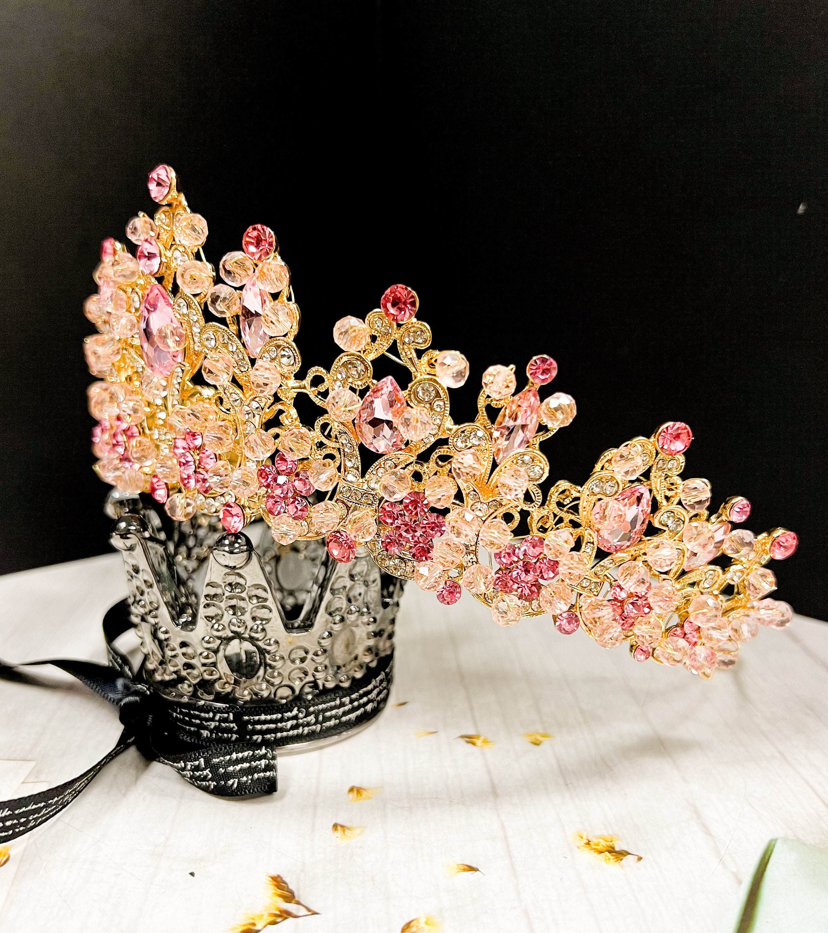 Handmade Pink Flower Rhinestone Gold Crown Pink Flower Gold Crown, Aurora Floral Tiara, Glitter Crown  main image 4