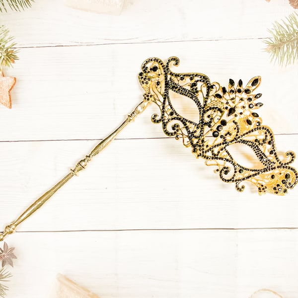 Black Crystal Masquerade Mask with Gold Stick: Prom, Wedding Party