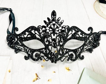 Maskerademasker heren, luxe zwart kristalmasker, oogmasker gemaskerd bal, gotisch strassmasker, galamasker, mardi grasmasker, feestmasker