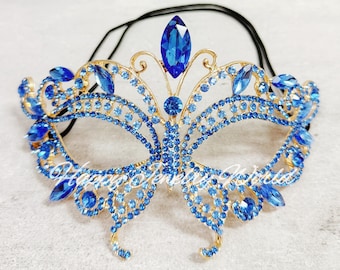 Gold Blue Crystal Masquerade Cat Mask, Venetian Eye Mask for Halloween, Cosplay, Mardi Gras and Costume Ball