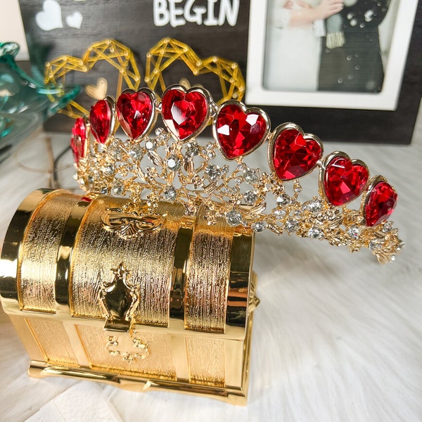 Queen of Heart Tiara, Red Heart Crown, Fairy Gold Headband, Costume Headpiece, Romantic Crown, Love Crown, Quinceanera Crown, Birthday Gift