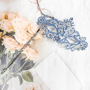 Blue Crystal Masquerade Mask with Stick: Venetian Prom Mask